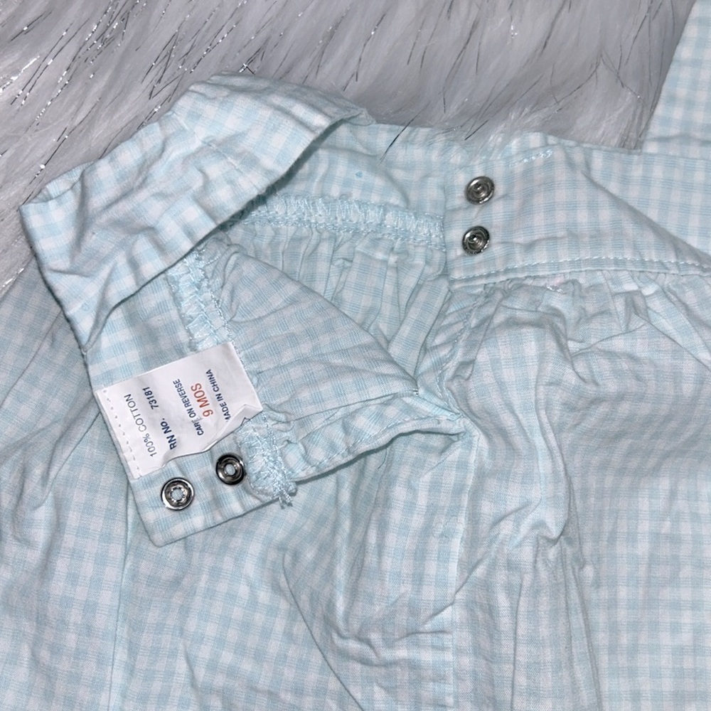 Creme de la Creme 9 months Classic Blue Gingham Onesie with Matching Head Scarf - Picture 6 of 13